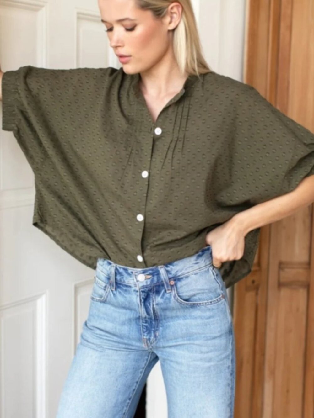 Emerson Fry India Collection Olive Green Cotton Textured One Size Crop Shirt